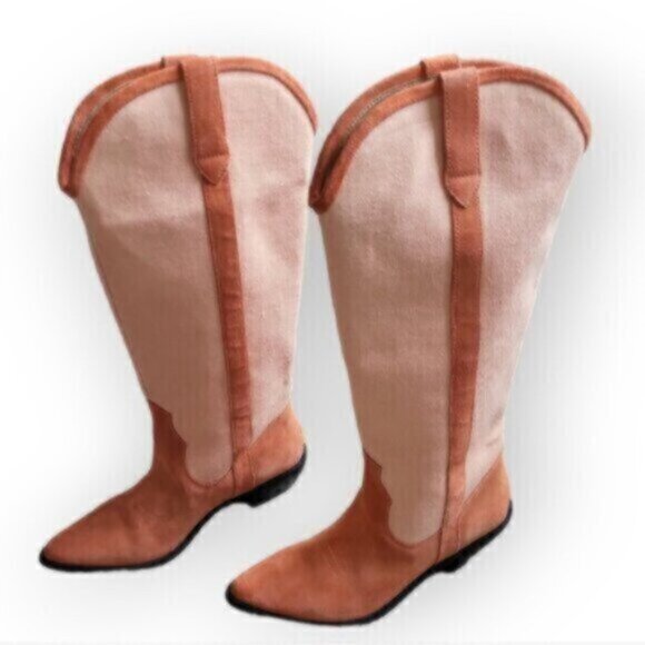 Urban Outfitters Suede Linen Canvas Leslie Tall Cowboy Boot Pink Peach … - Picture 8 of 12